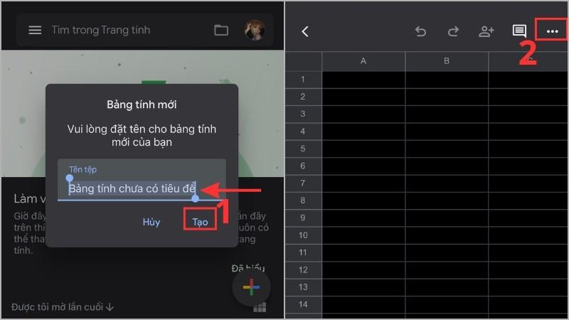 Nhấn biểu tượng dấu + để tạo trang tính mới