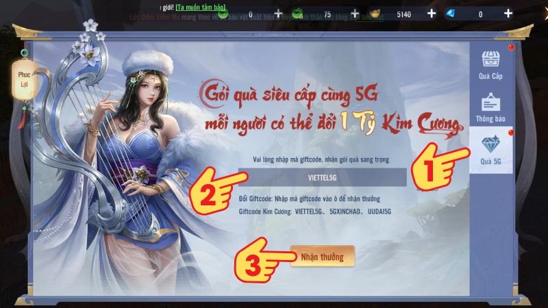 Chọn Quà 5G > Nhập code > Bấm Nhận thưởng