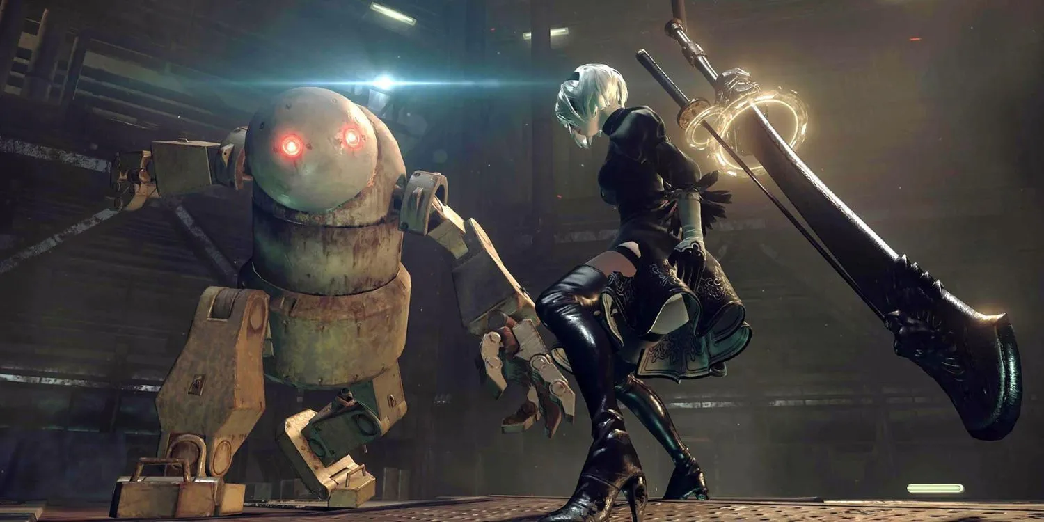 2B và 9S, nhân vật chính của Nier Automata, trong một cảnh chiến đấu đầy phong cách.