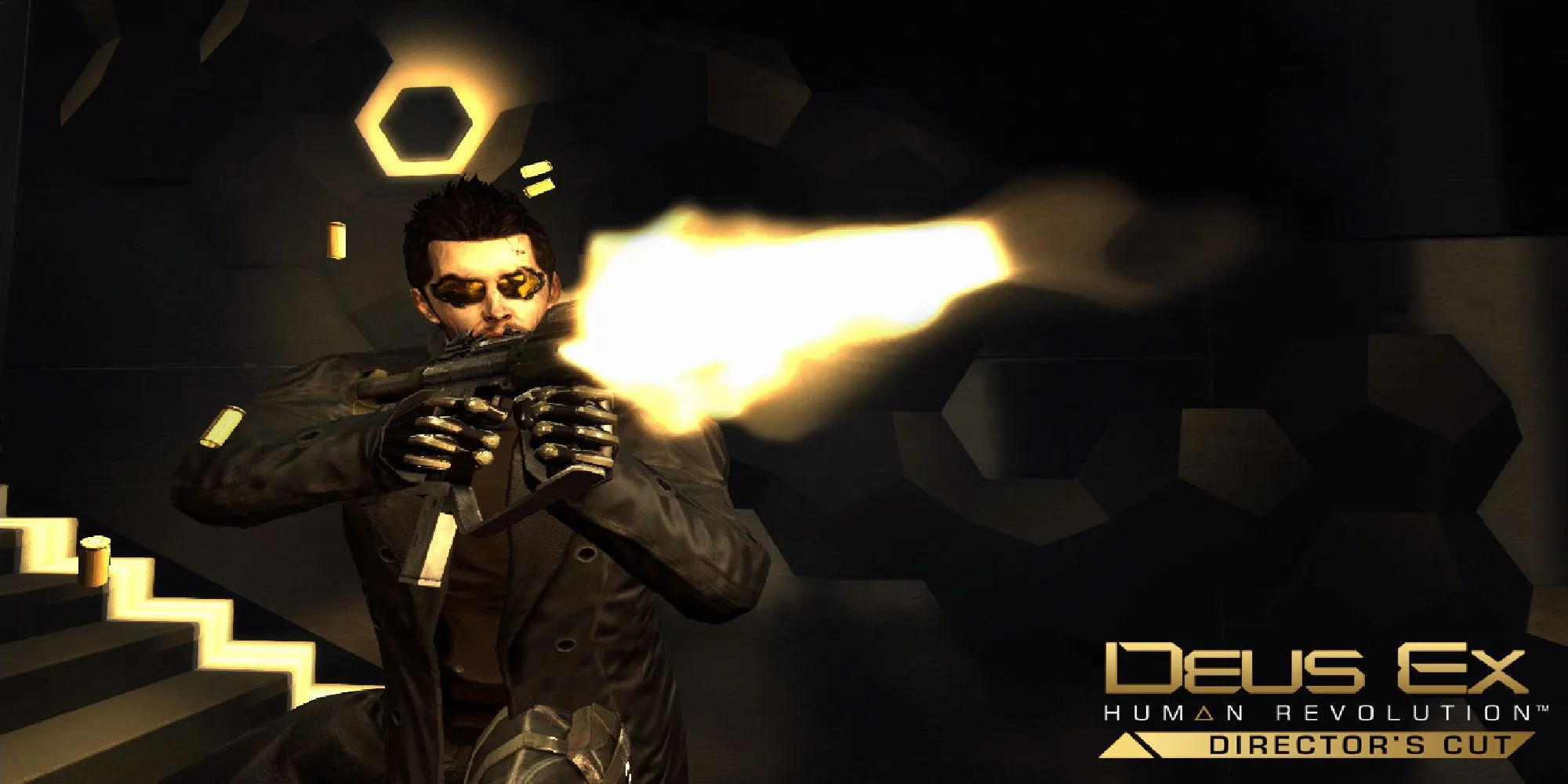 Adam Jensen nhìn ra từ cửa sổ trong Deus Ex Human Revolution, bối cảnh một thế giới tương lai nơi công nghệ và đạo đức xung đột.
