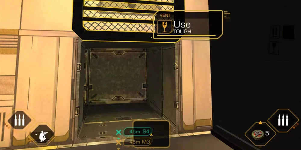 Adam Jensen trong Deus Ex: Human Revolution ẩn mình qua đường ống thông gió