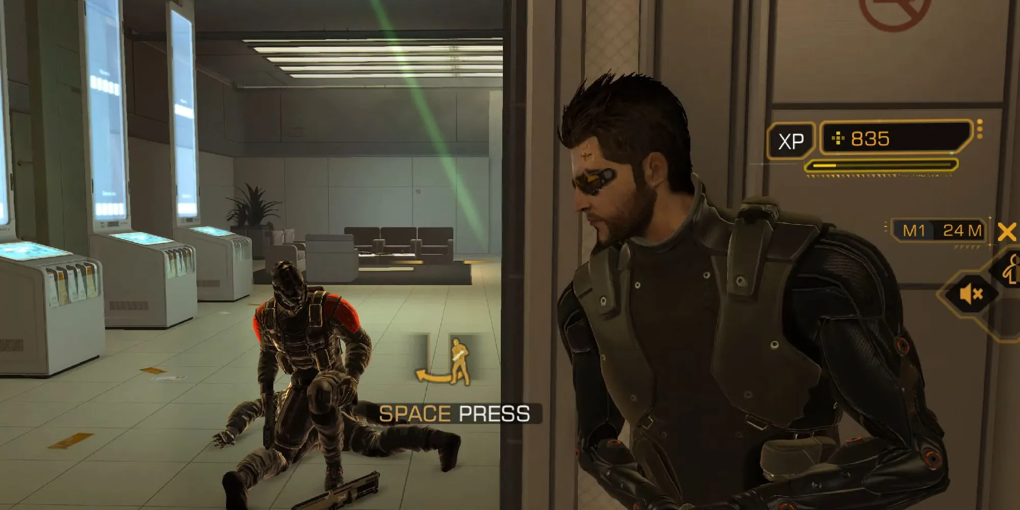 Adam Jensen trong Deus Ex Human Revolution đứng giữa khung cảnh thành phố Detroit tương lai đầy công nghệ và bất ổn