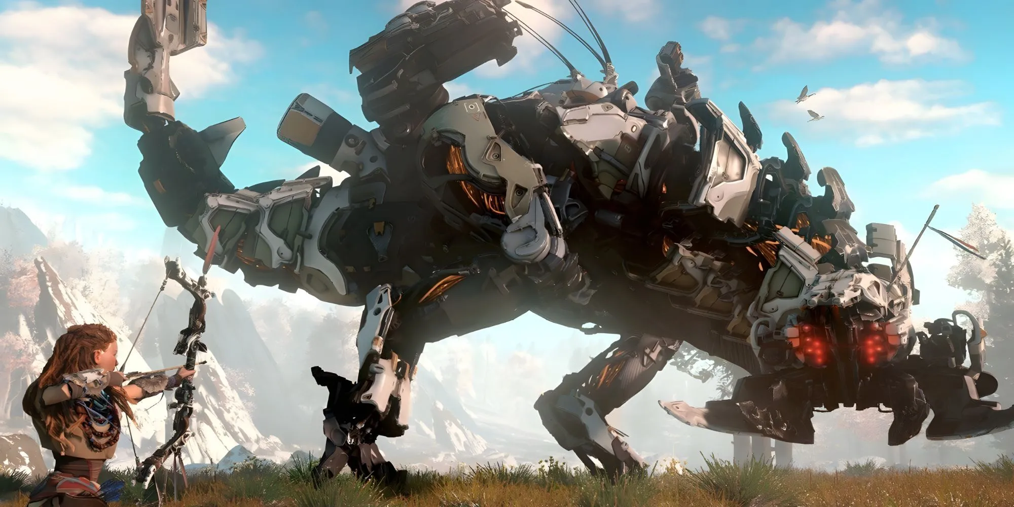 Aloy chiến đấu với một Thunderjaw khổng lồ trong thế giới hậu tận thế của Horizon Zero Dawn