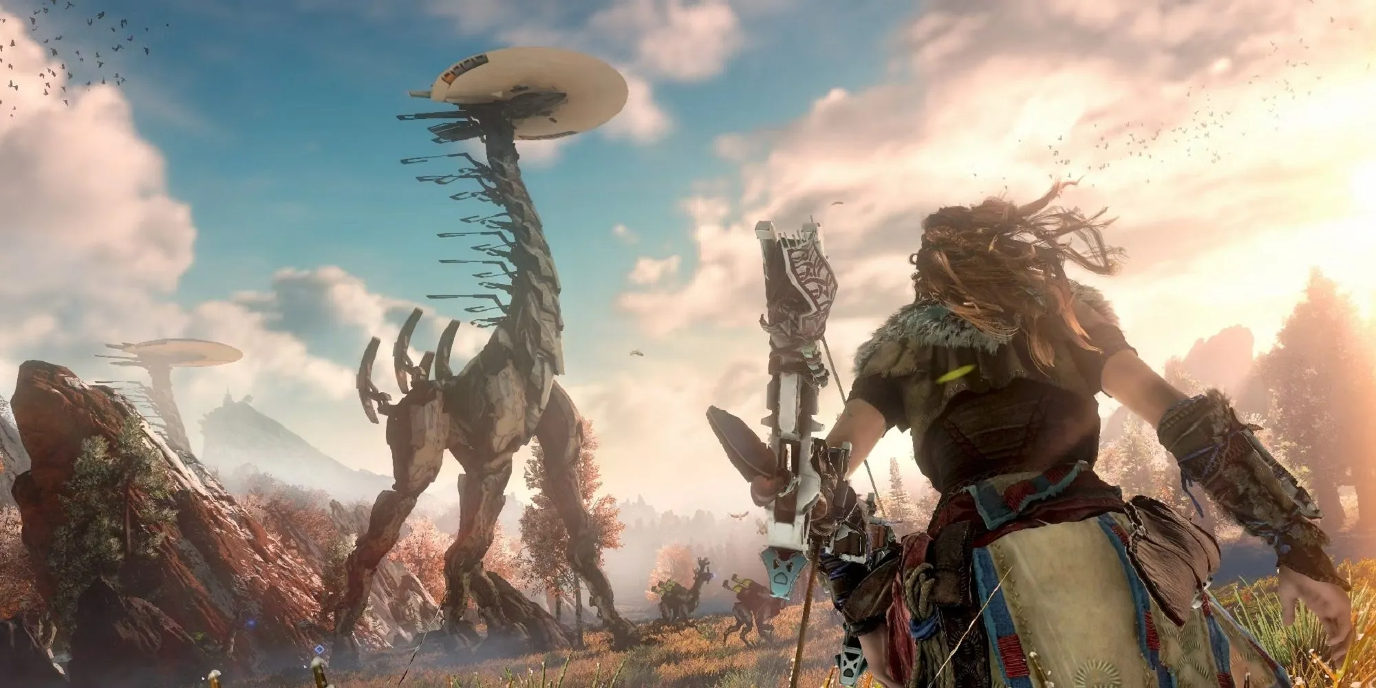 Aloy ngắm nhìn một Tallneck máy móc khổng lồ trong thế giới Horizon Zero Dawn