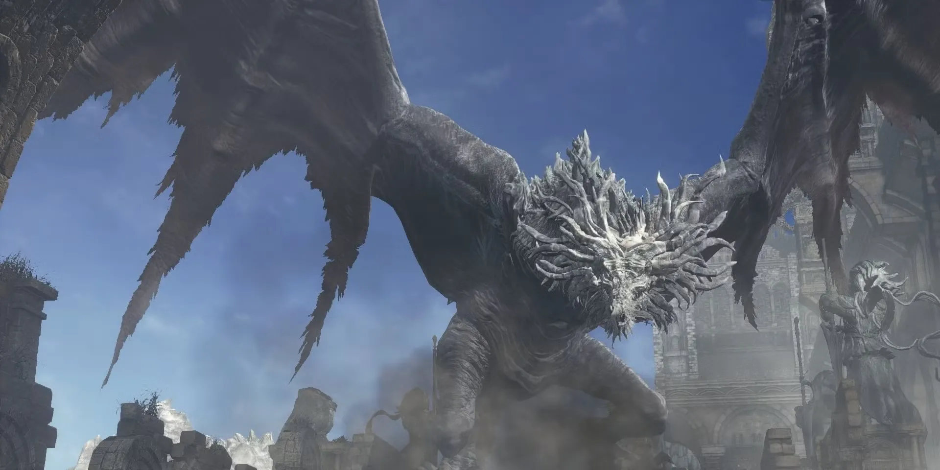 Ancient Wyvern, con rồng cổ đại khổng lồ trong Dark Souls 3, đang phun lửa dữ dội tại khu vực Archdragon Peak.