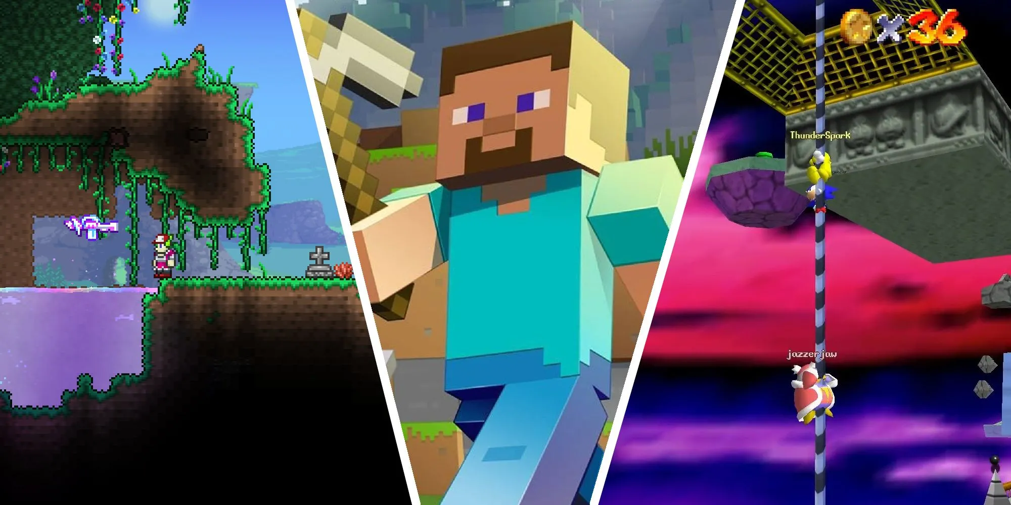 Ảnh bìa game co-op hay nhất gồm Terraria, Minecraft, Mario 64 Co-op DX