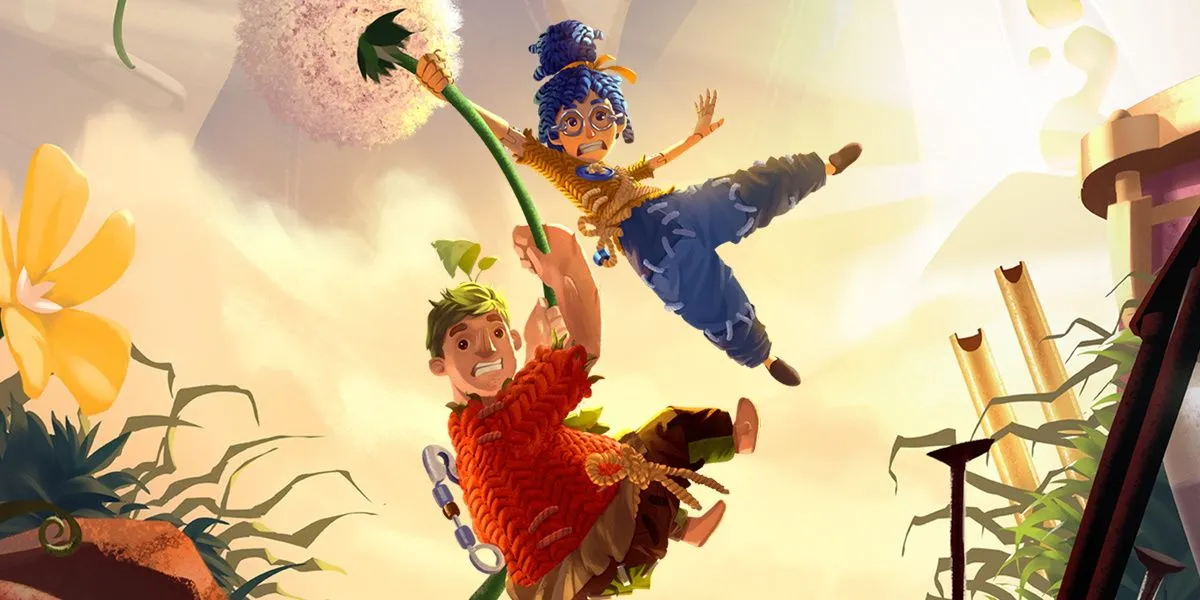 Ảnh bìa game It Takes Two. Cody và May đang đứng trên một chiếc máy bay đồ chơi trên nền trời mờ ảo, thể hiện phong cách kỳ ảo của game co-op phiêu lưu.
