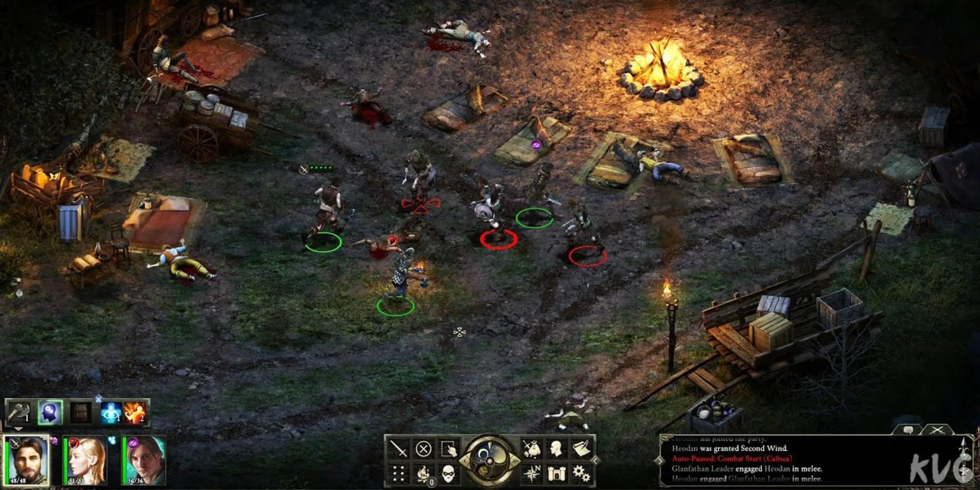 Ảnh chụp màn hình Pillars of Eternity thể hiện trận chiến theo lượt với nhiều nhân vật và hiệu ứng phép thuật