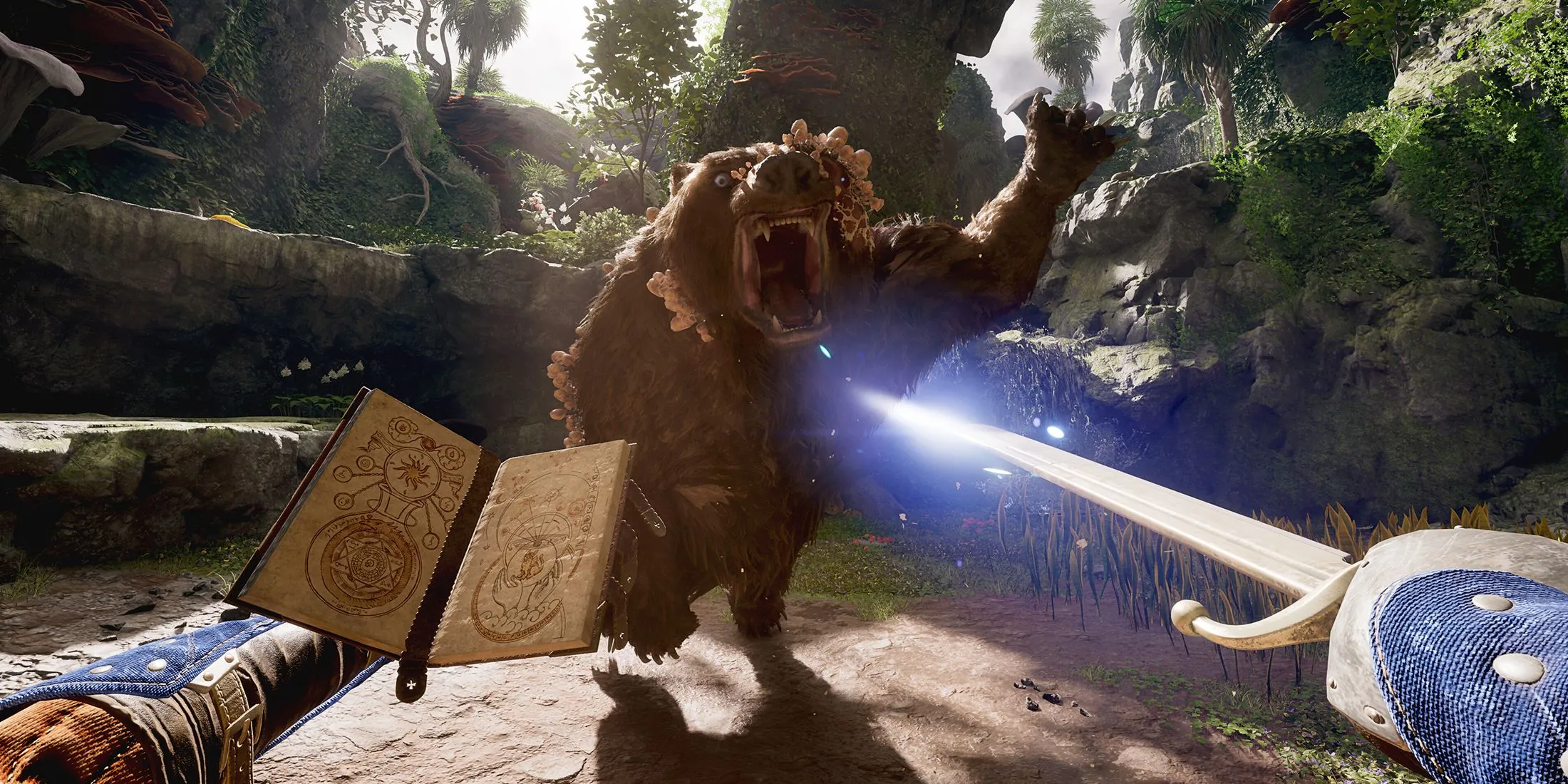 Ảnh chụp màn hình từ game Avowed cho thấy nhân vật đang chiến đấu bằng phép thuật và kiếm trong một thế giới giả tưởng