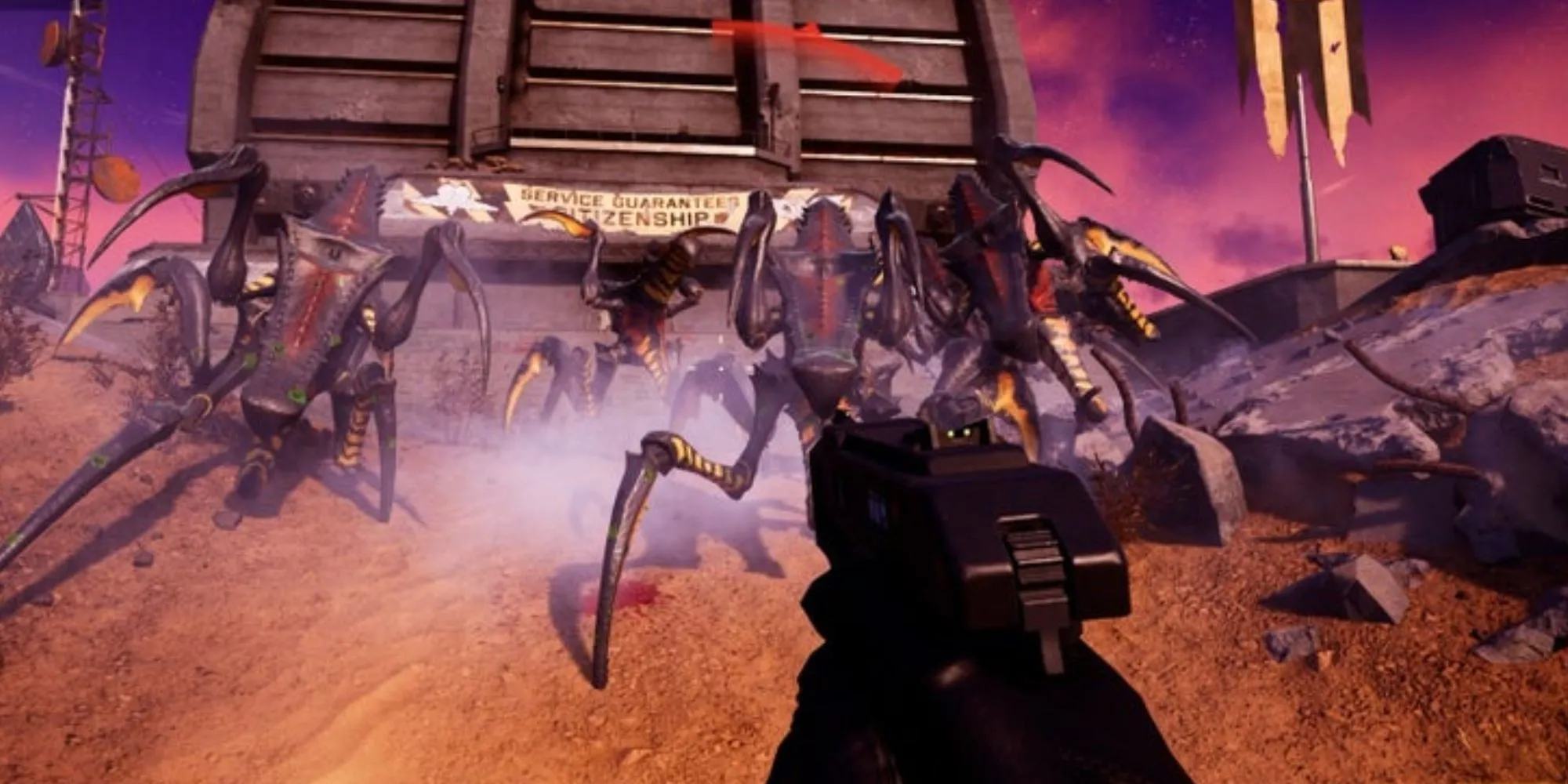 Ảnh concept art của Starship Troopers Extermination thể hiện cảnh các chiến binh Mobile Infantry chiến đấu với bầy Arachnid khổng lồ trên một hành tinh xa xôi.