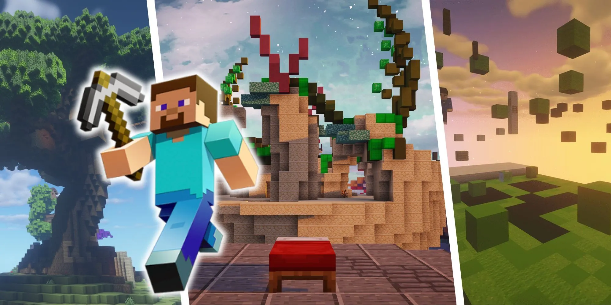 Ảnh ghép các bản đồ minigame Minecraft và nhân vật Steve