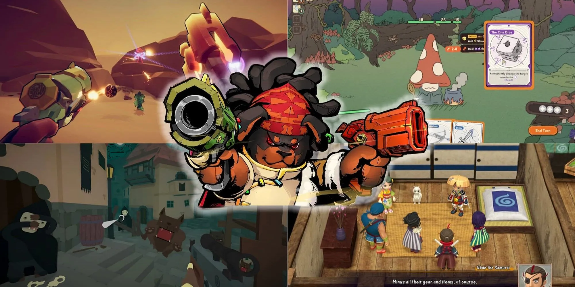 Ảnh ghép các tựa game roguelike thư giãn như Gunfire Reborn, Shiren the Wanderer The Mystery Dungeon of Serpentcoil Island, SURLFUR, và DICEOMANCER