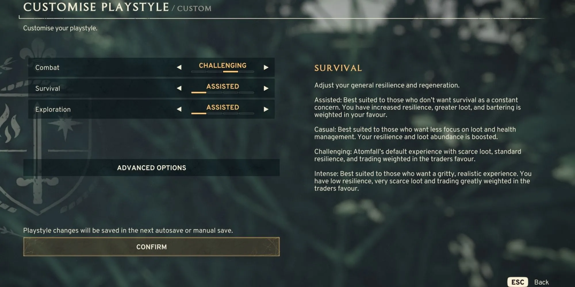 Ảnh giao diện cài đặt độ khó sinh tồn trong game Atomfall với các tùy chọn Assisted Casual Challenging Intense