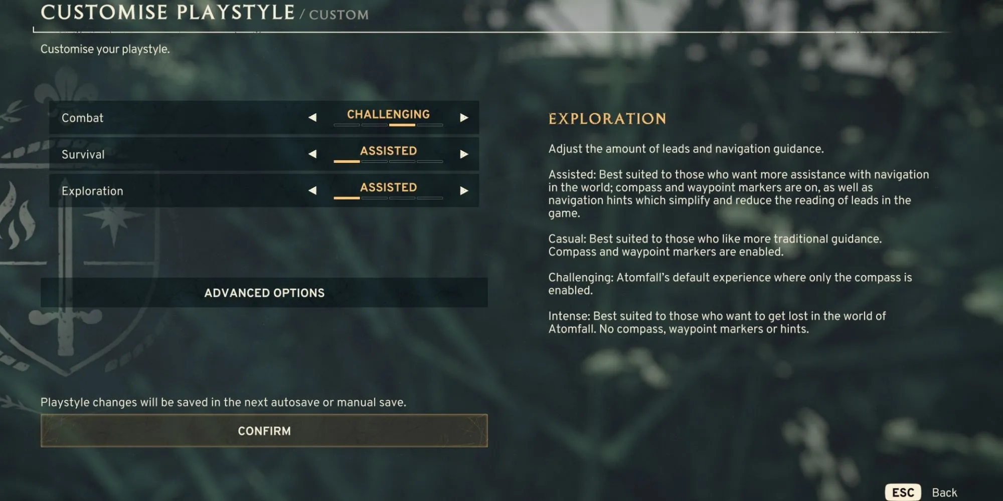 Ảnh màn hình cài đặt độ khó khám phá trong game Atomfall hiển thị các mức độ Assisted Casual Challenging Intense