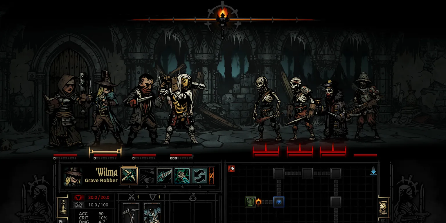 ảnh màn hình game Darkest Dungeon hiển thị đội hình các anh hùng đối mặt với quái vật theo lượt