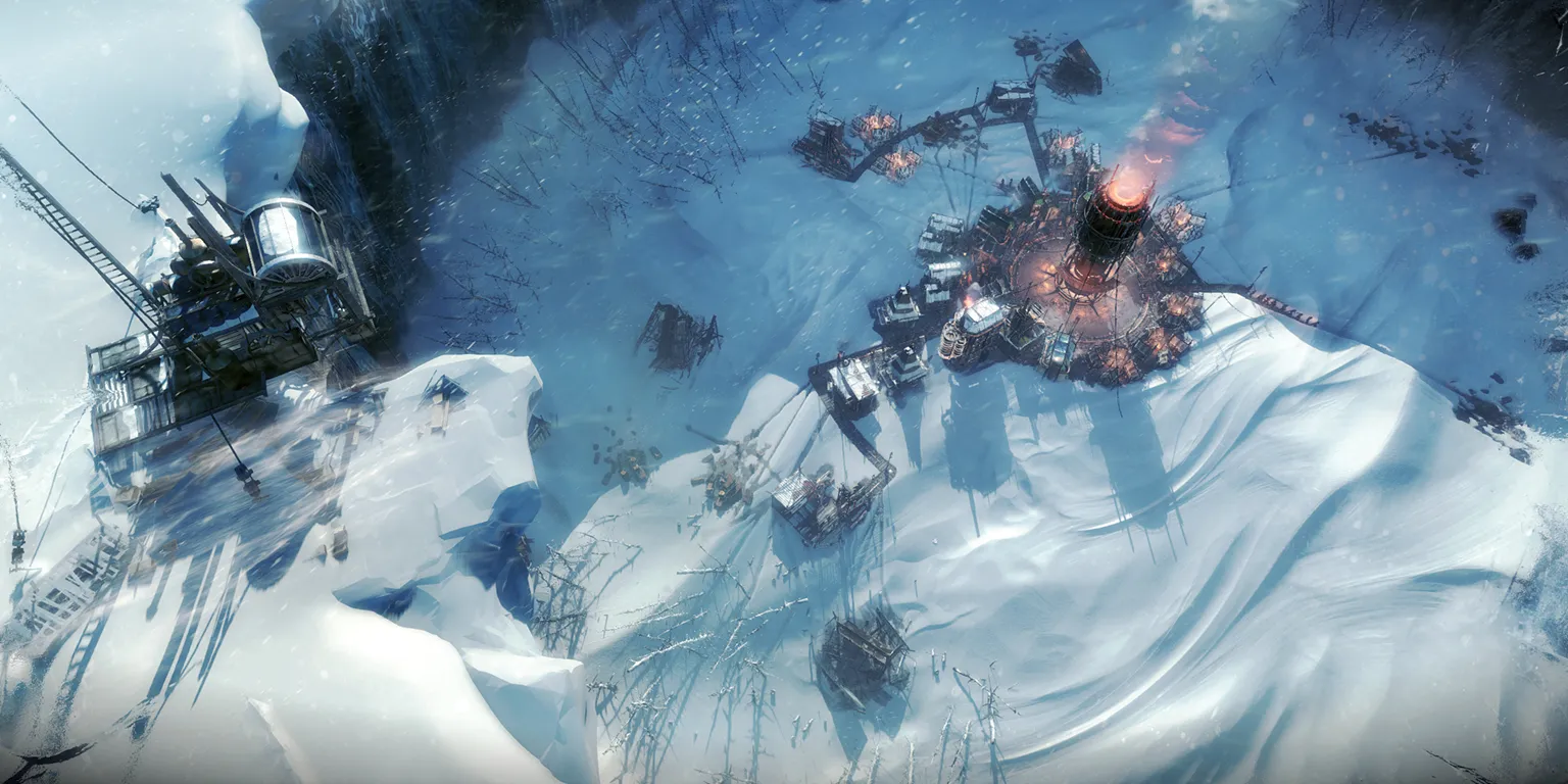 ảnh màn hình game Frostpunk hiển thị thành phố được xây dựng quanh một lò hơi khổng lồ trong bối cảnh băng giá