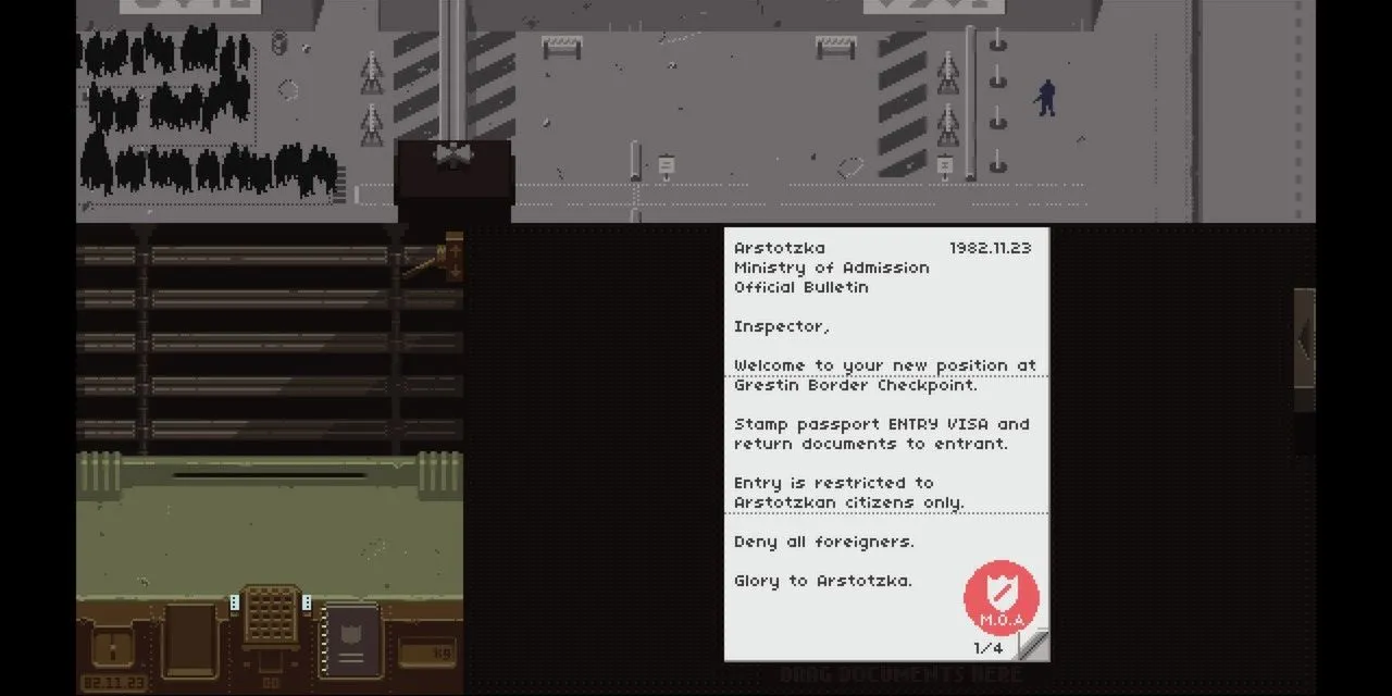 ảnh màn hình game Papers, Please hiển thị bàn làm việc của nhân viên nhập cảnh và các tài liệu cần kiểm tra