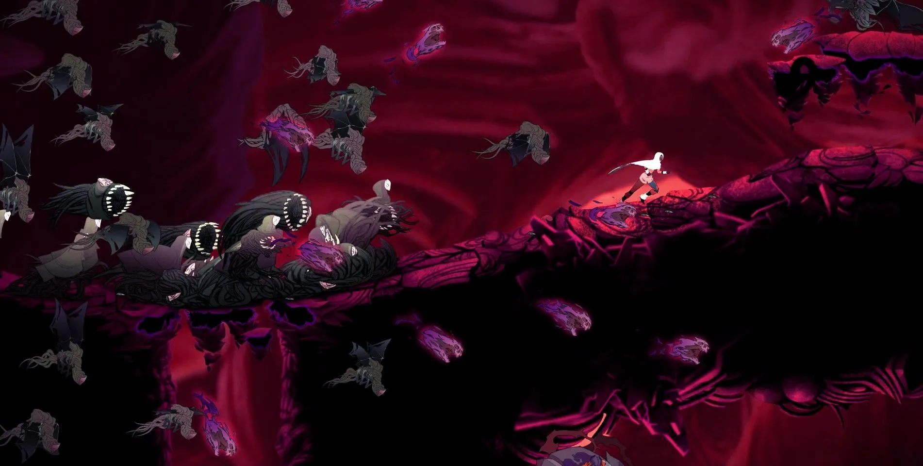 ảnh màn hình game Sundered hiển thị nhân vật chính Hesh chiến đấu trong một môi trường hang động đầy quái vật