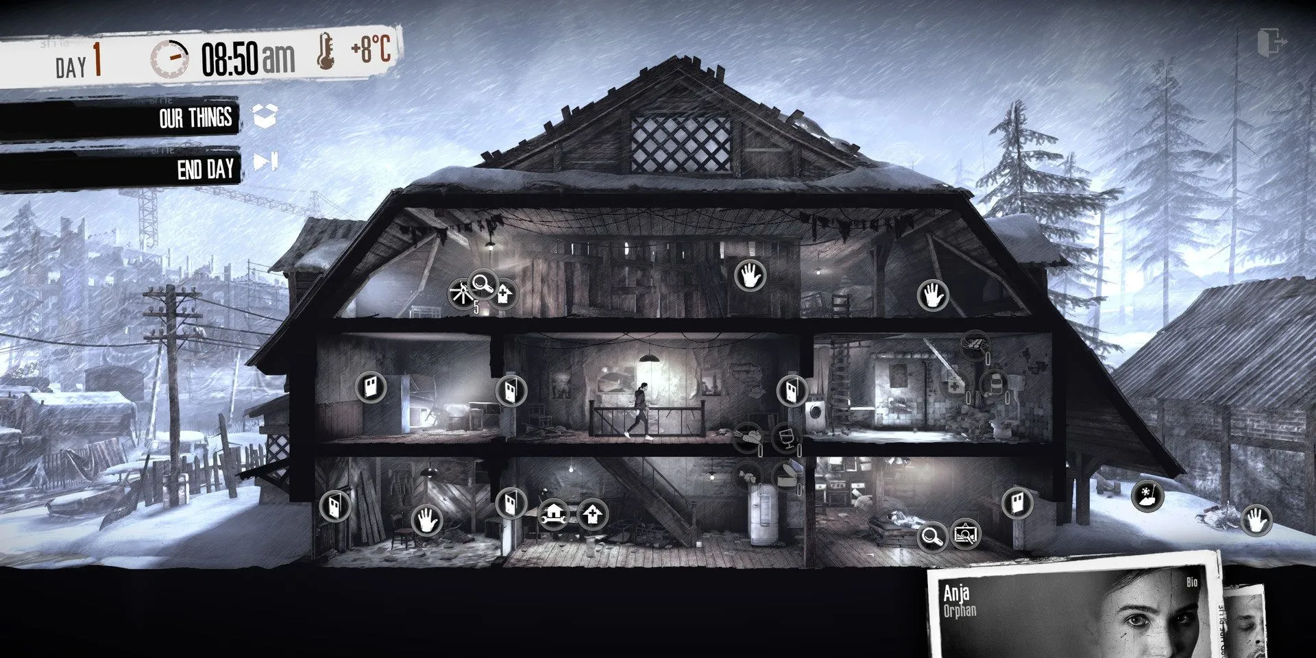 ảnh màn hình game This War of Mine hiển thị các nhân vật đang tìm kiếm đồ tiếp tế trong một tòa nhà đổ nát