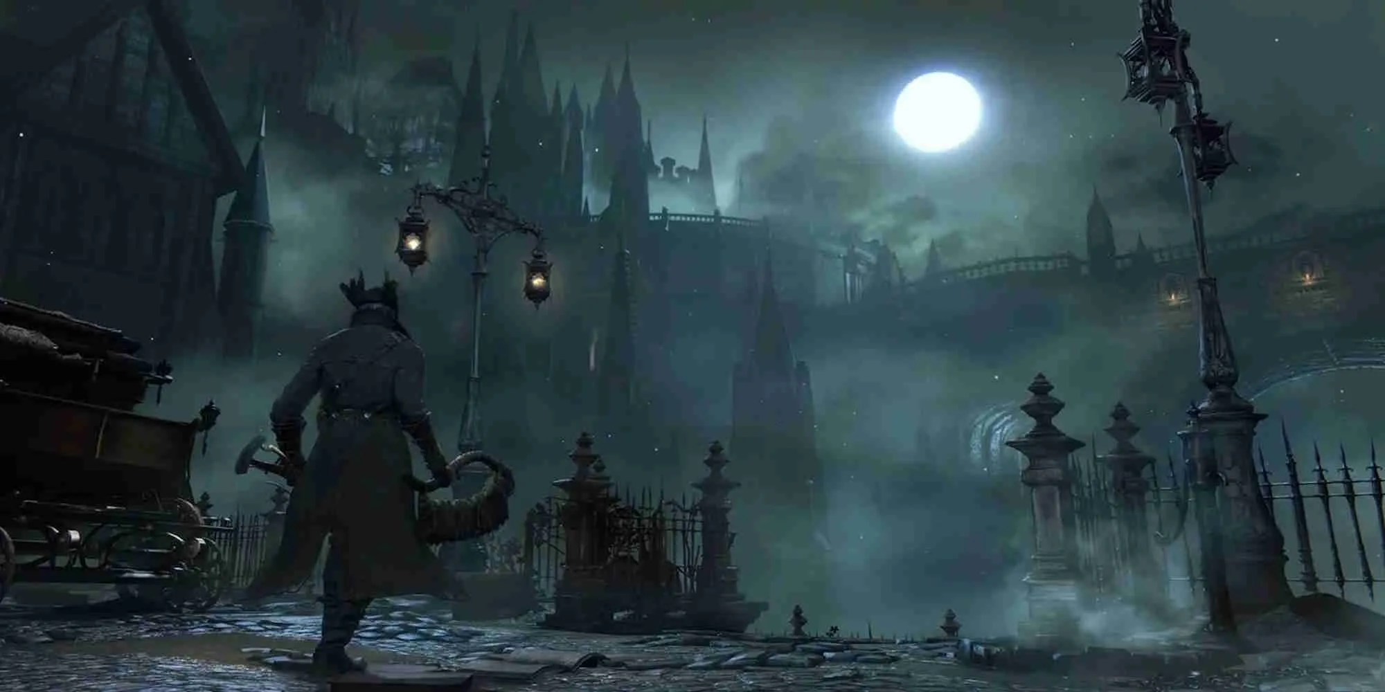 ảnh trong game Bloodborne hiển thị nhân vật chính đang đối mặt với quái vật trong bối cảnh gothic u ám