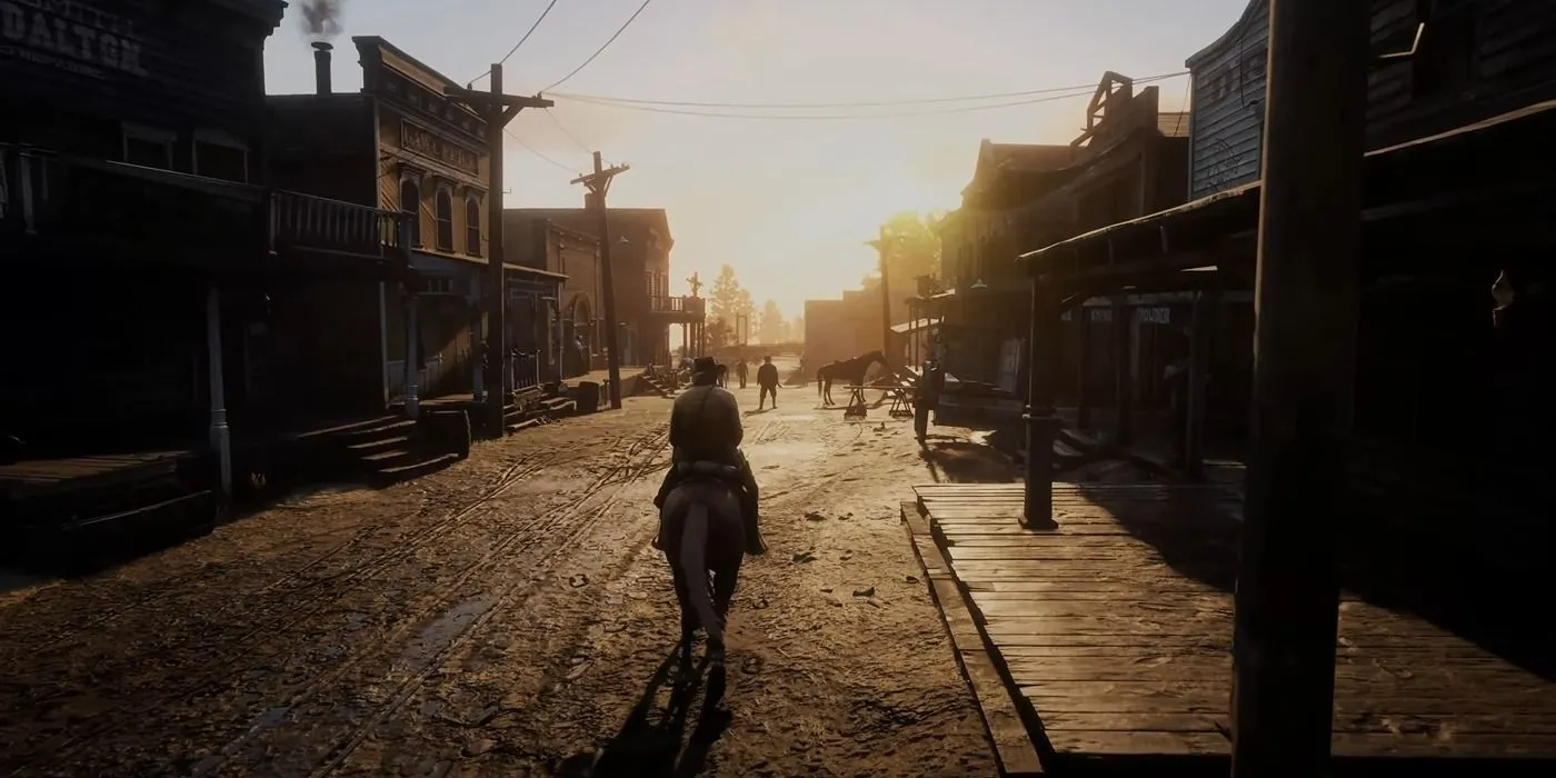 Arthur Morgan cưỡi ngựa vào thị trấn Valentine trong Red Dead Redemption 2, thế giới mở sống động.