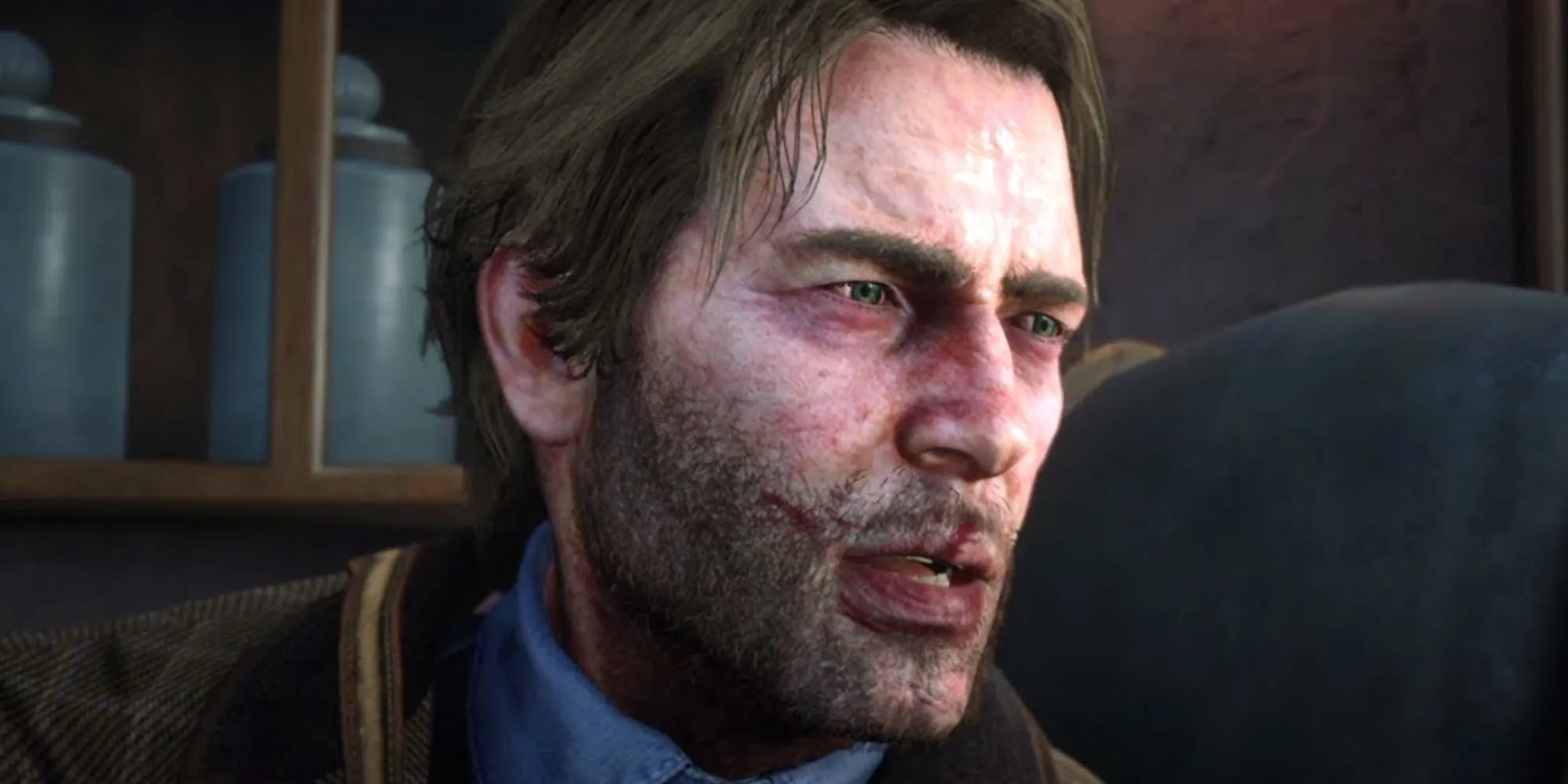Arthur Morgan trong Red Dead Redemption 2 với dấu hiệu của bệnh lao