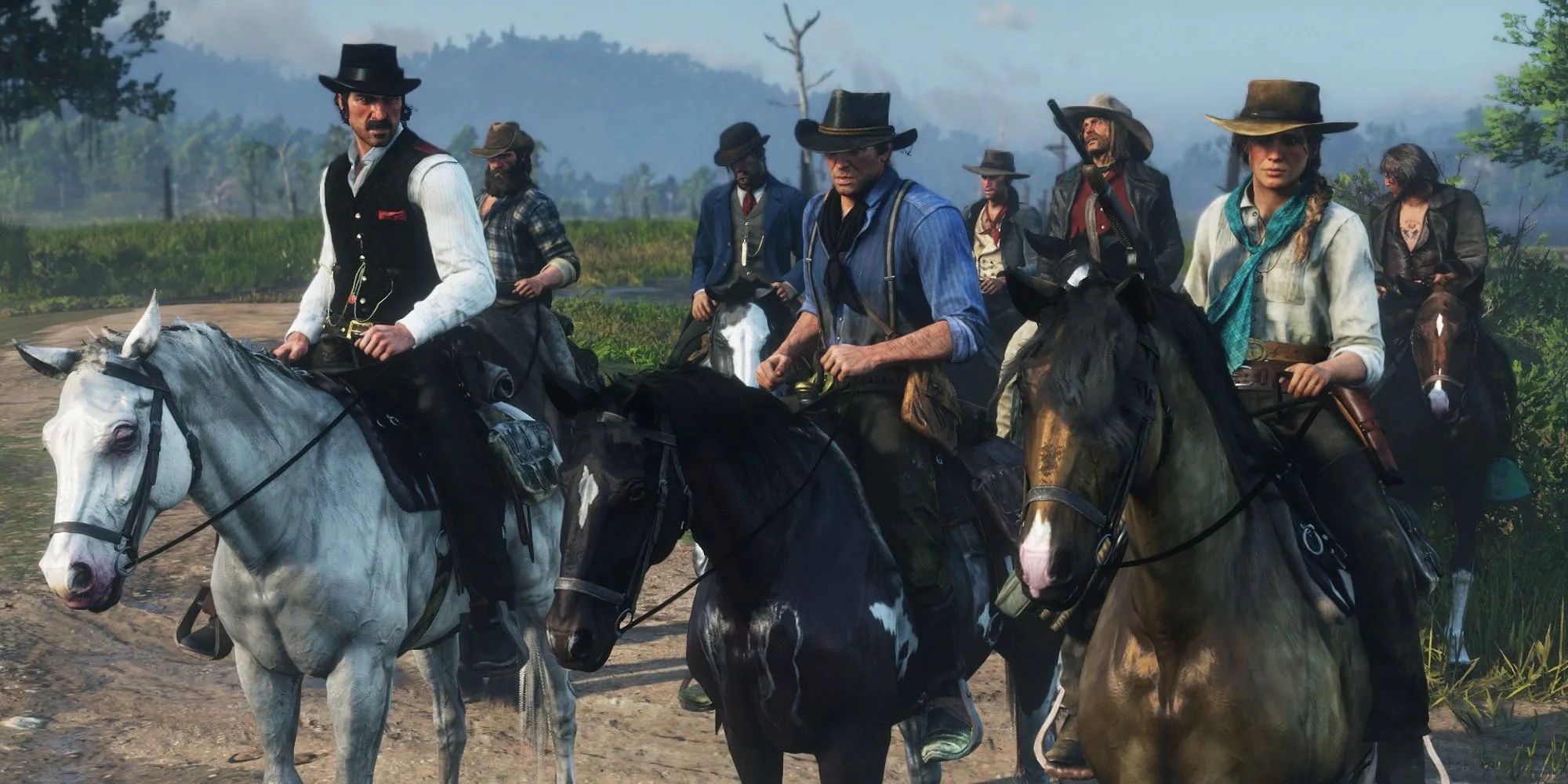 Arthur Morgan và băng Van der Linde cưỡi ngựa trong Red Dead Redemption 2, khắc họa nhân vật.