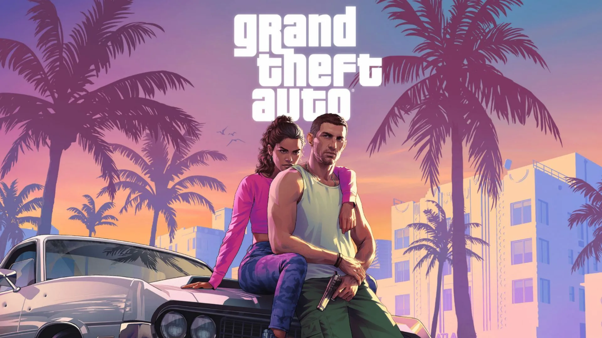 Artwork chính thức của Grand Theft Auto VI với hai nhân vật chính Lucia và Jason tại Vice City