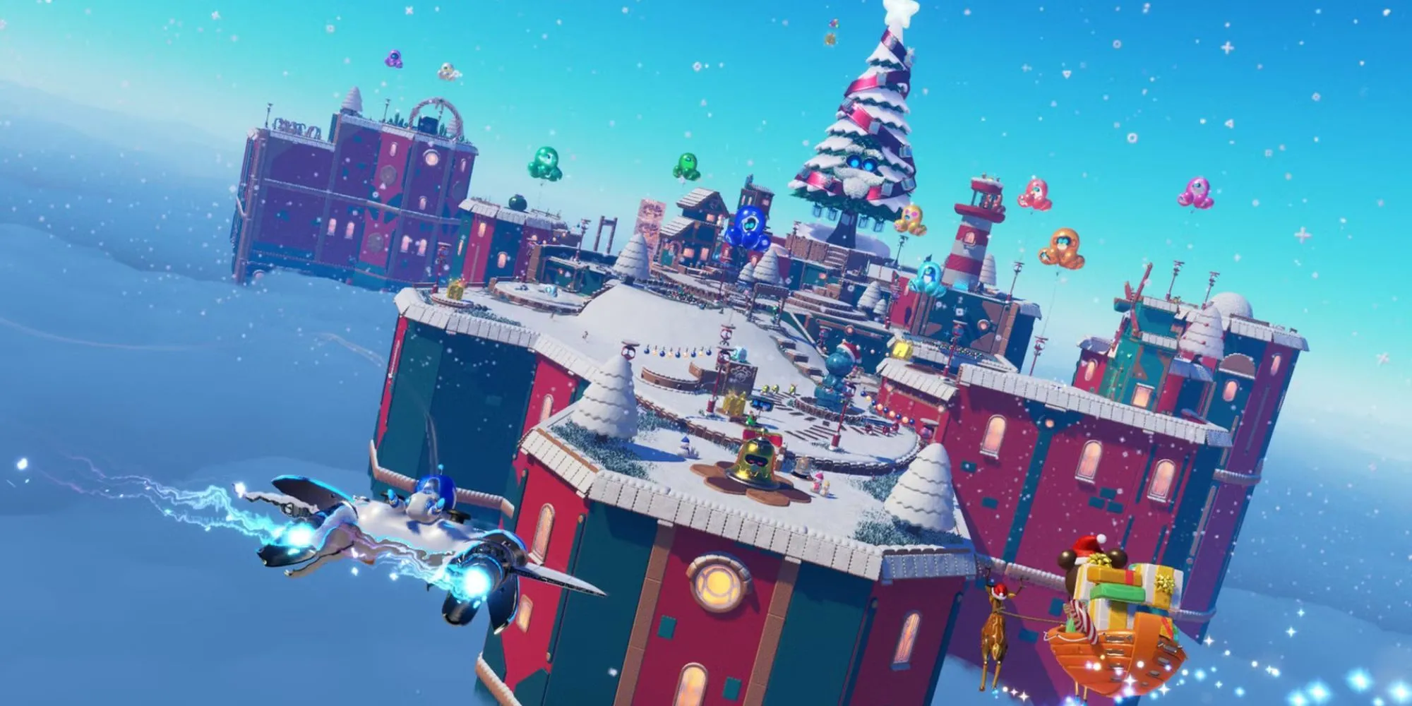 Astro Bot bay lượn trong một màn chơi đầy màu sắc, thể hiện cách game ẩn màn hình chờ bằng hoạt cảnh động.