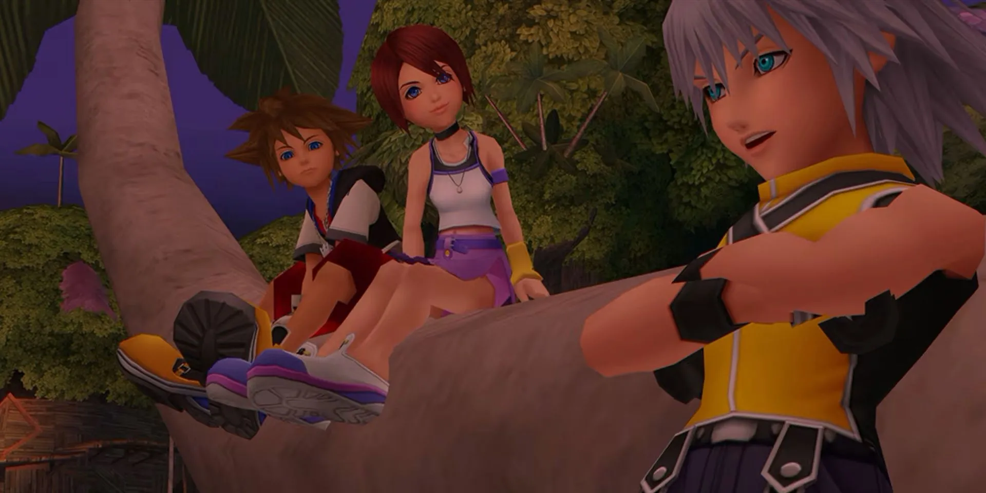 Ba nhân vật Sora, Kairi, và Riku đứng cùng nhau trong một cảnh game Kingdom Hearts