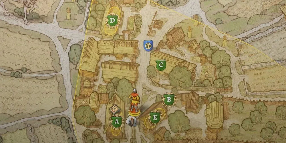 Bản đồ làng Wysoka với các địa điểm trộm cắp trong nhiệm vụ All's Fair Kingdom Come Deliverance 2