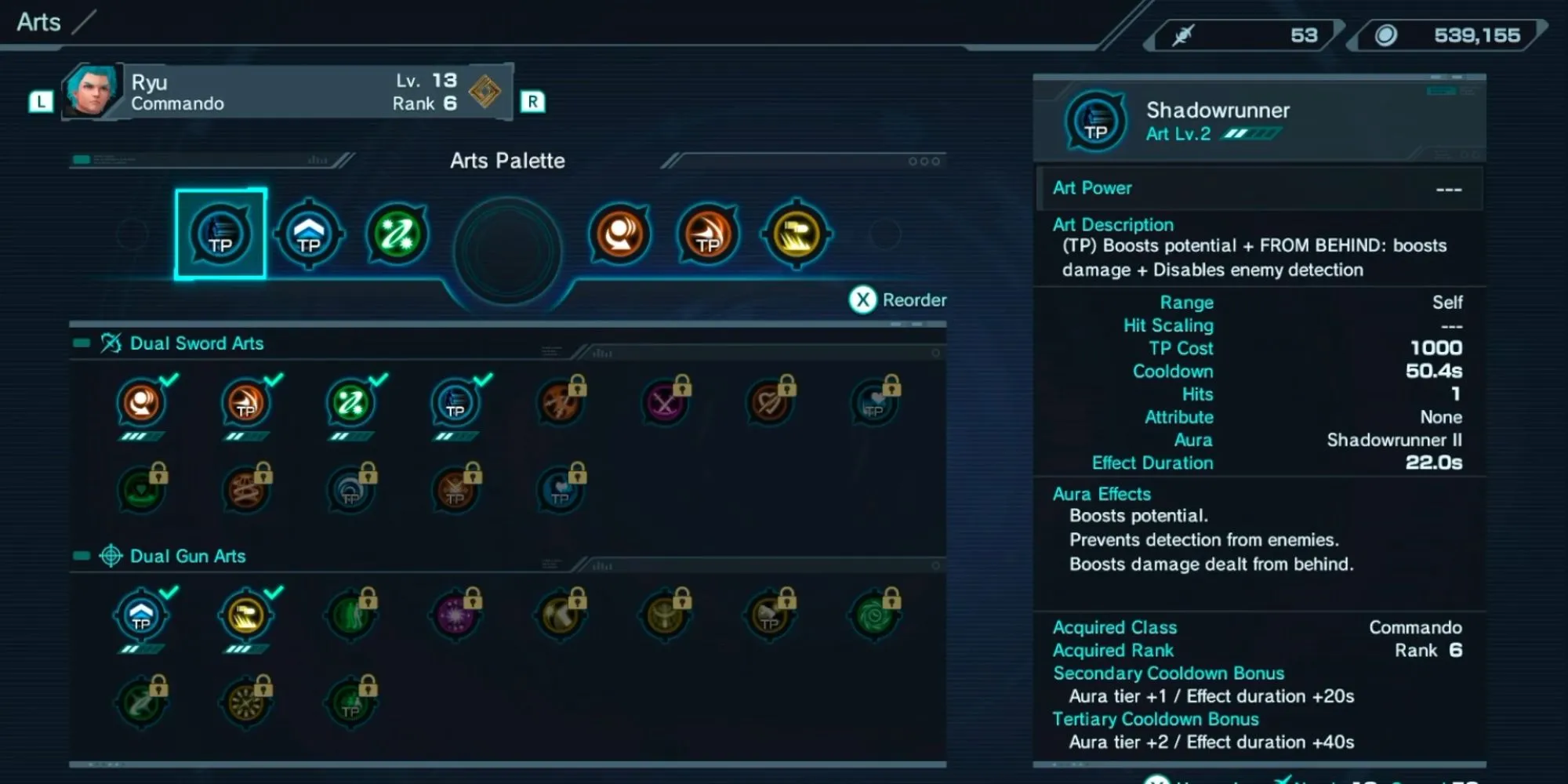 Bảng Arts Palette trong Xenoblade Chronicles X hiển thị các kỹ năng chiến đấu và điểm TP.