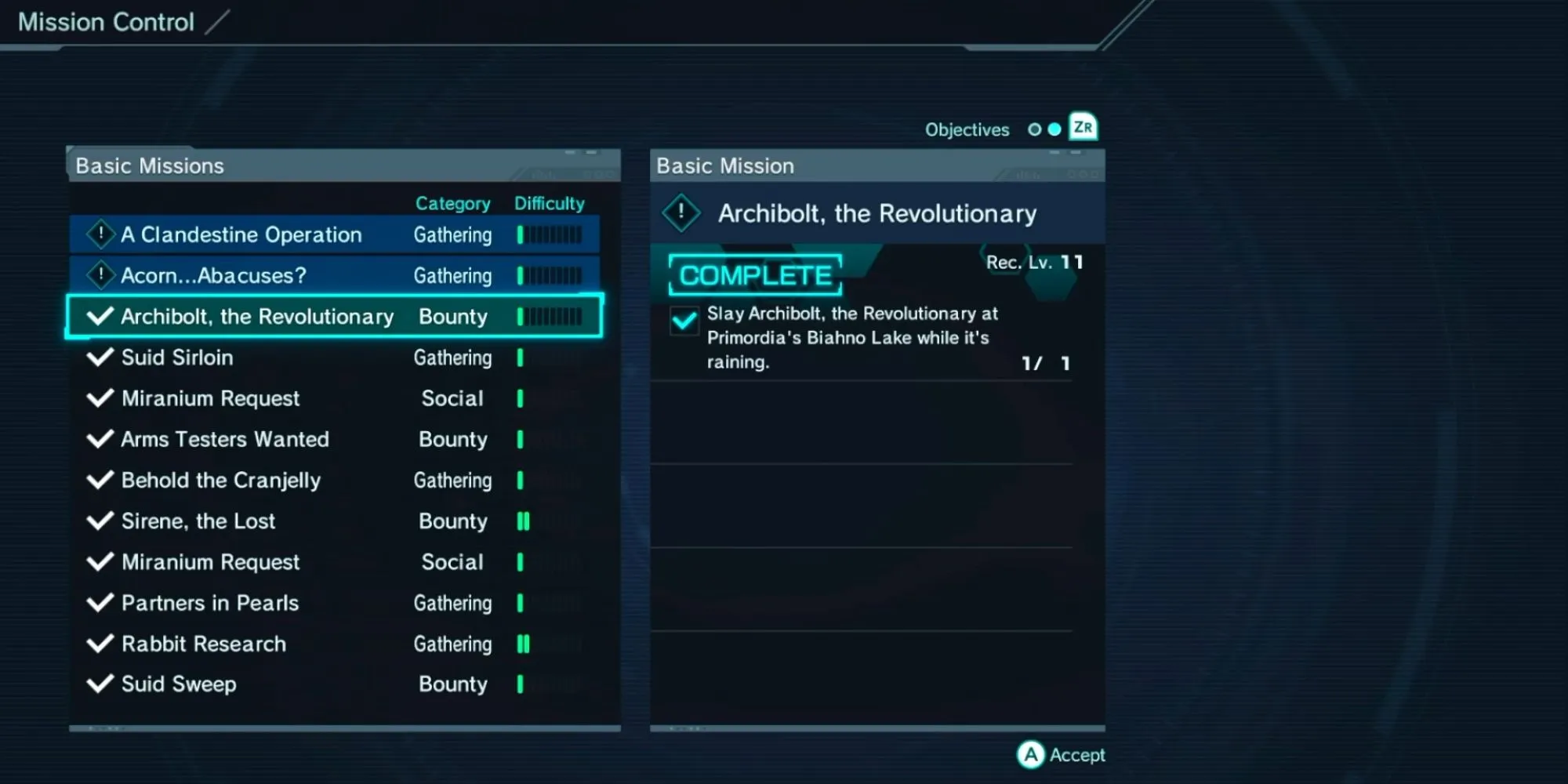 Bảng nhận Nhiệm vụ Cơ bản (Basic Mission) tại Mission Control trong Xenoblade Chronicles X.