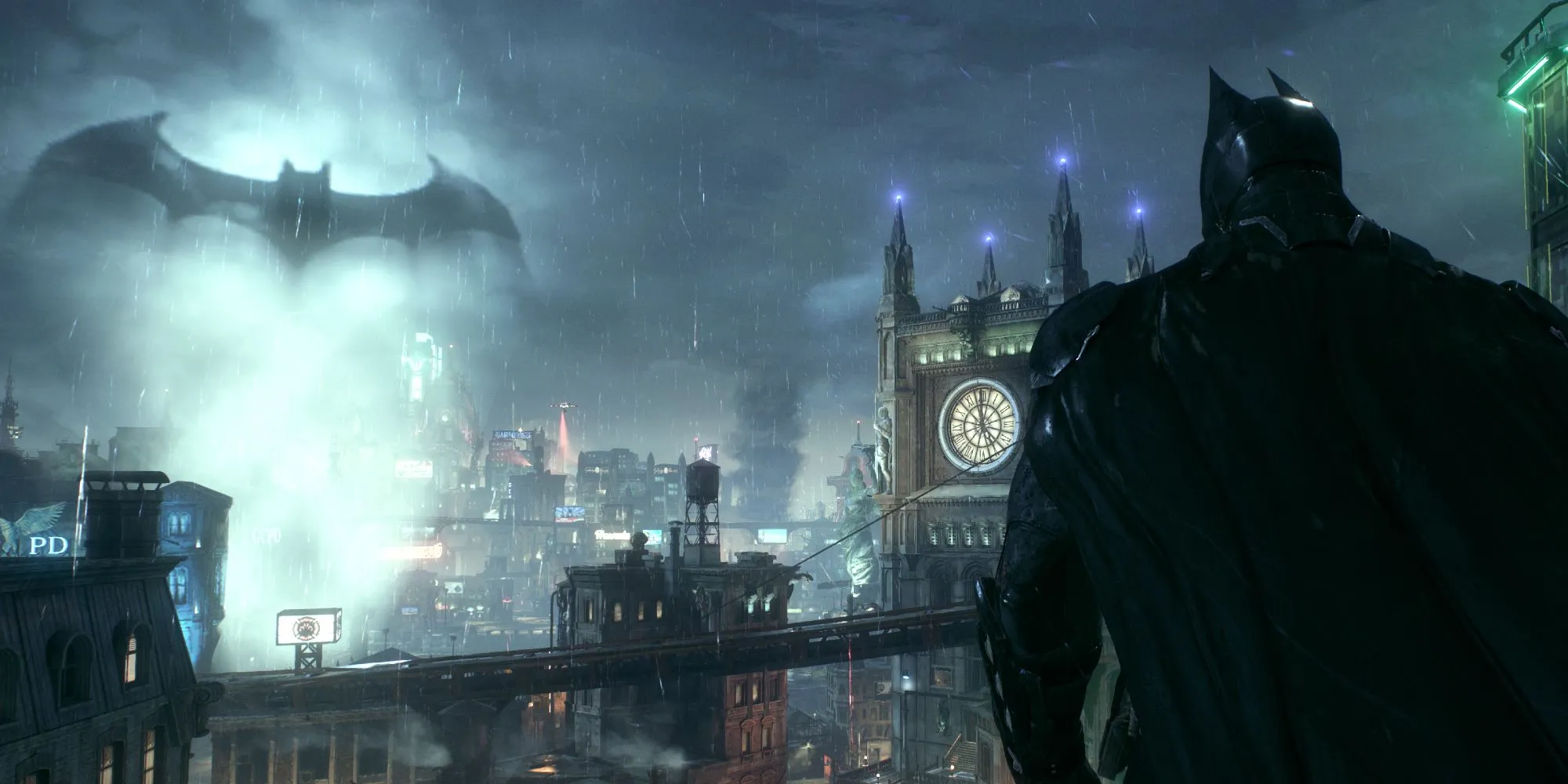 Batman quan sát toàn cảnh Arkham City, nhà tù khổng lồ được xây dựng từ những khu ổ chuột của Gotham, một thế giới mở nhỏ gọn nhưng đầy hiểm nguy.