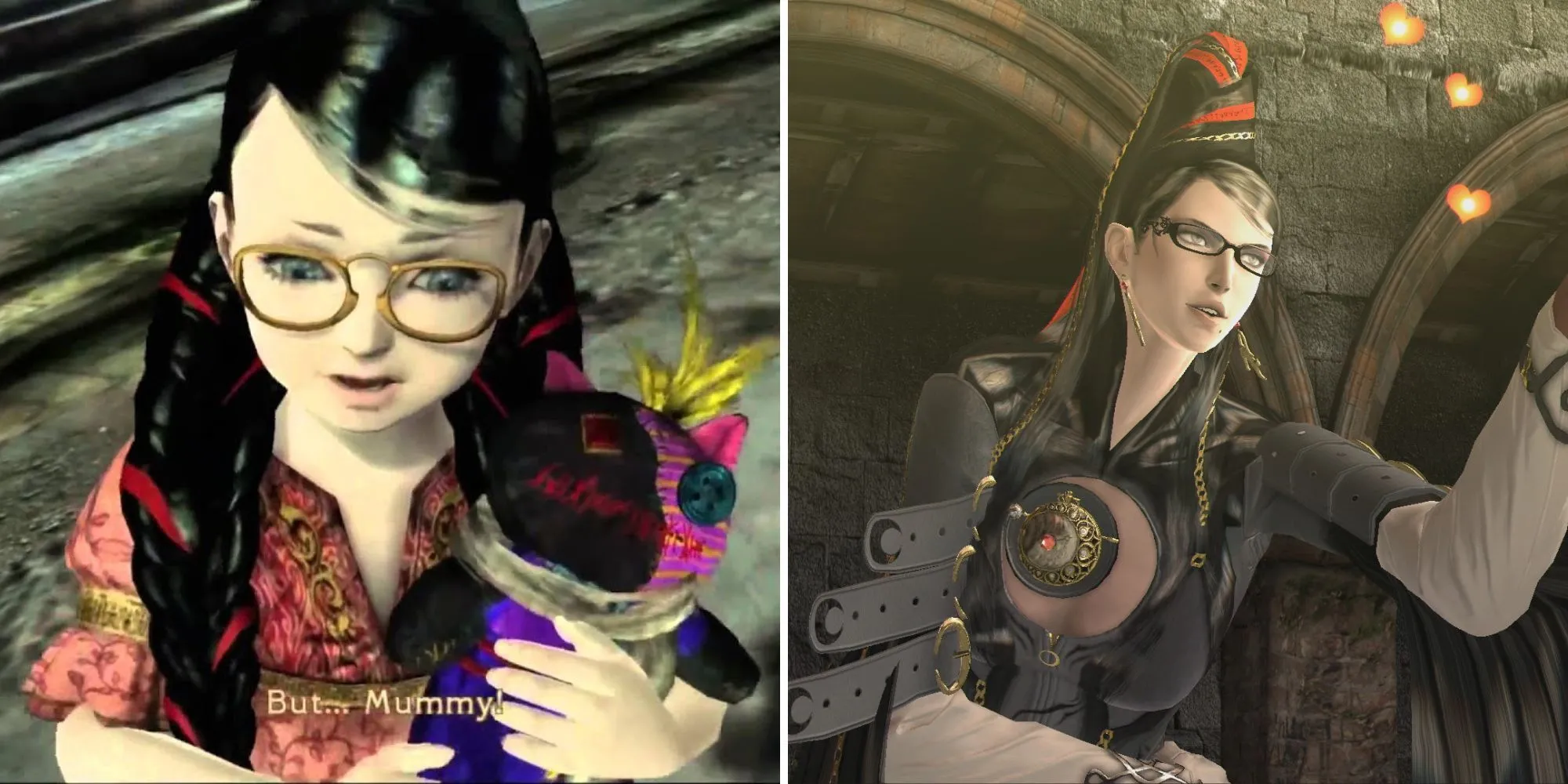 Bayonetta và Cereza trong game Bayonetta, làm nổi bật sự giống nhau giữa hai nhân vật
