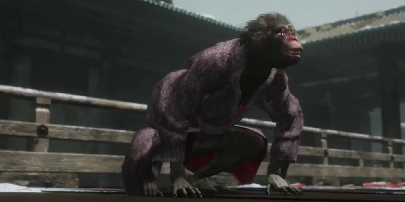Bốn con khỉ Folding Screen Monkeys trong Sekiro: Shadows Die Twice, mỗi con một màu sắc, tượng trưng cho các giác quan, ngồi trên các tấm bình phong trong một không gian huyền ảo.