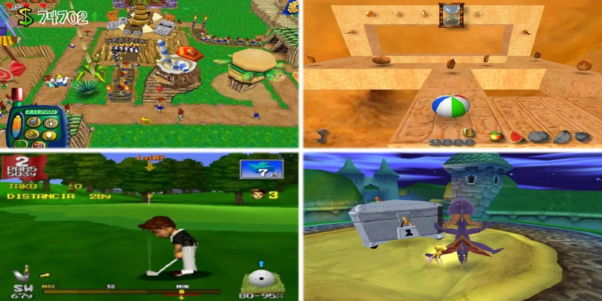 Bốn hình ảnh từ các game cozy trên PS1, bao gồm Harvest Moon: Back to Nature, làm nổi bật đồ họa cổ điển.