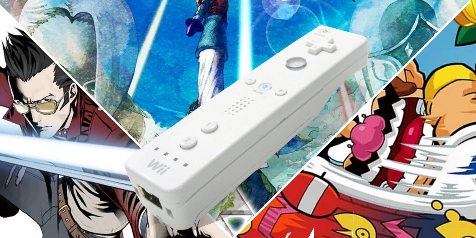 Bốn hình ảnh từ các game Wii sử dụng cảm biến chuyển động, bao gồm Skyward Sword và Wii Sports Resort.