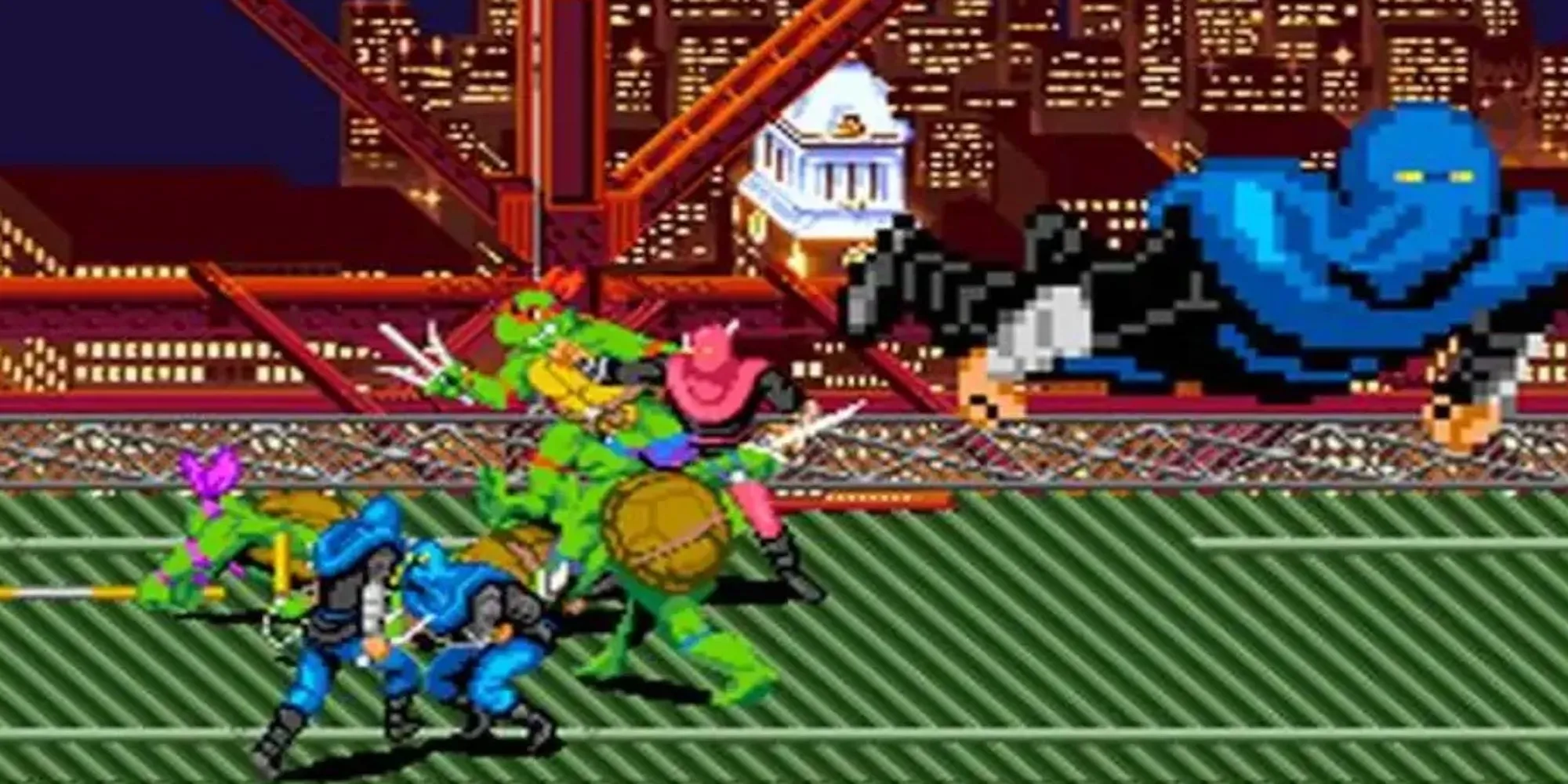 Bốn Ninja Rùa chiến đấu trong màn chơi thời tiền sử của game Turtles in Time