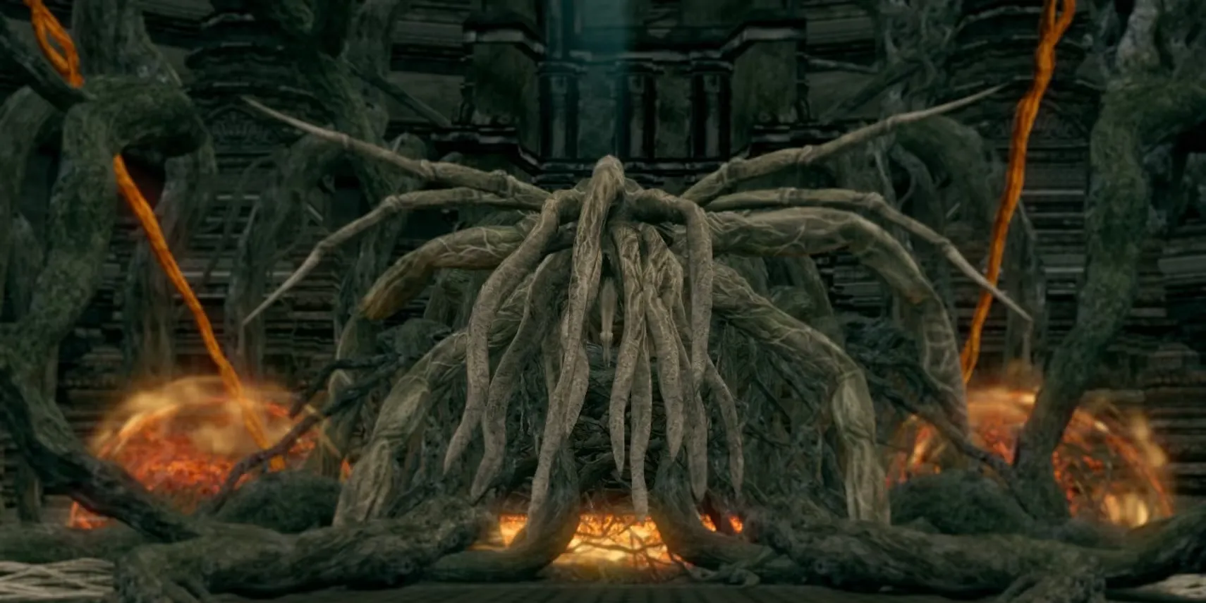 Boss Bed of Chaos từ Dark Souls, một thực thể cây khổng lồ với các nhánh quét qua đấu trường