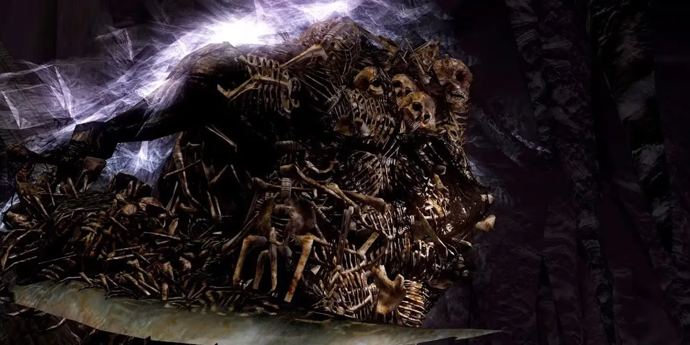 Boss Gravelord Nito từ Dark Souls, một thực thể xương xẩu khổng lồ giữa đám bộ xương