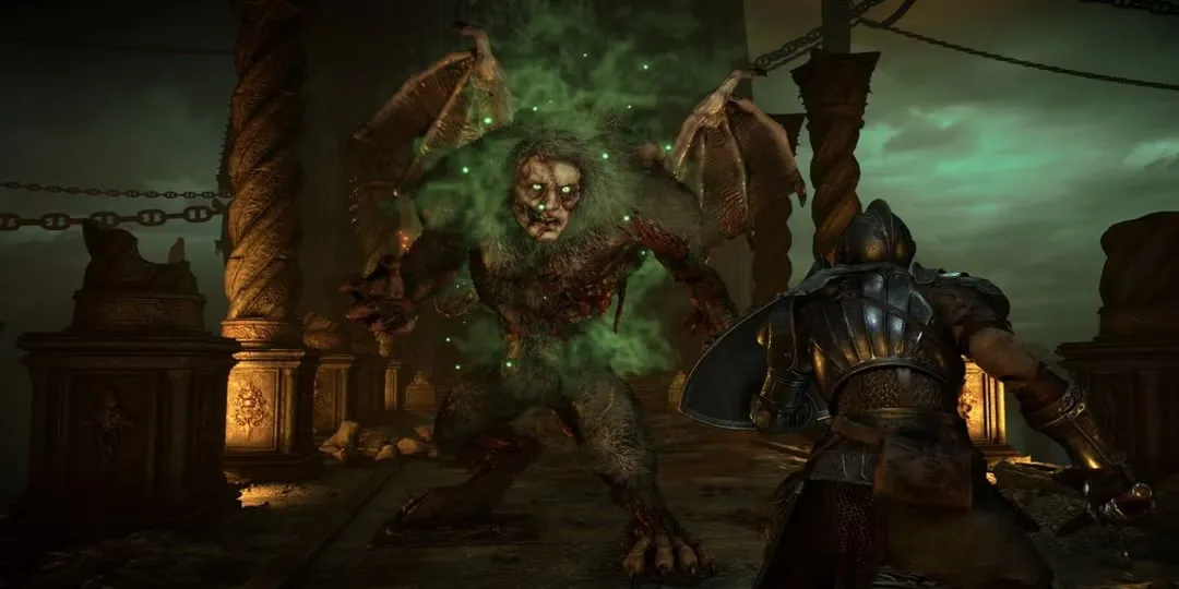 Boss Maneaters từ Demon's Souls Remake, hai con quái vật có cánh trên một cây cầu hẹp