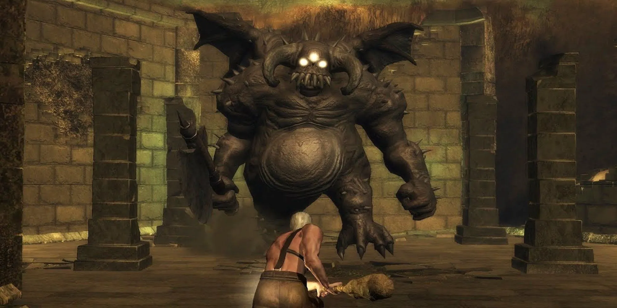 Boss Vanguard chuẩn bị tấn công người chơi trong Demon's Souls Remake