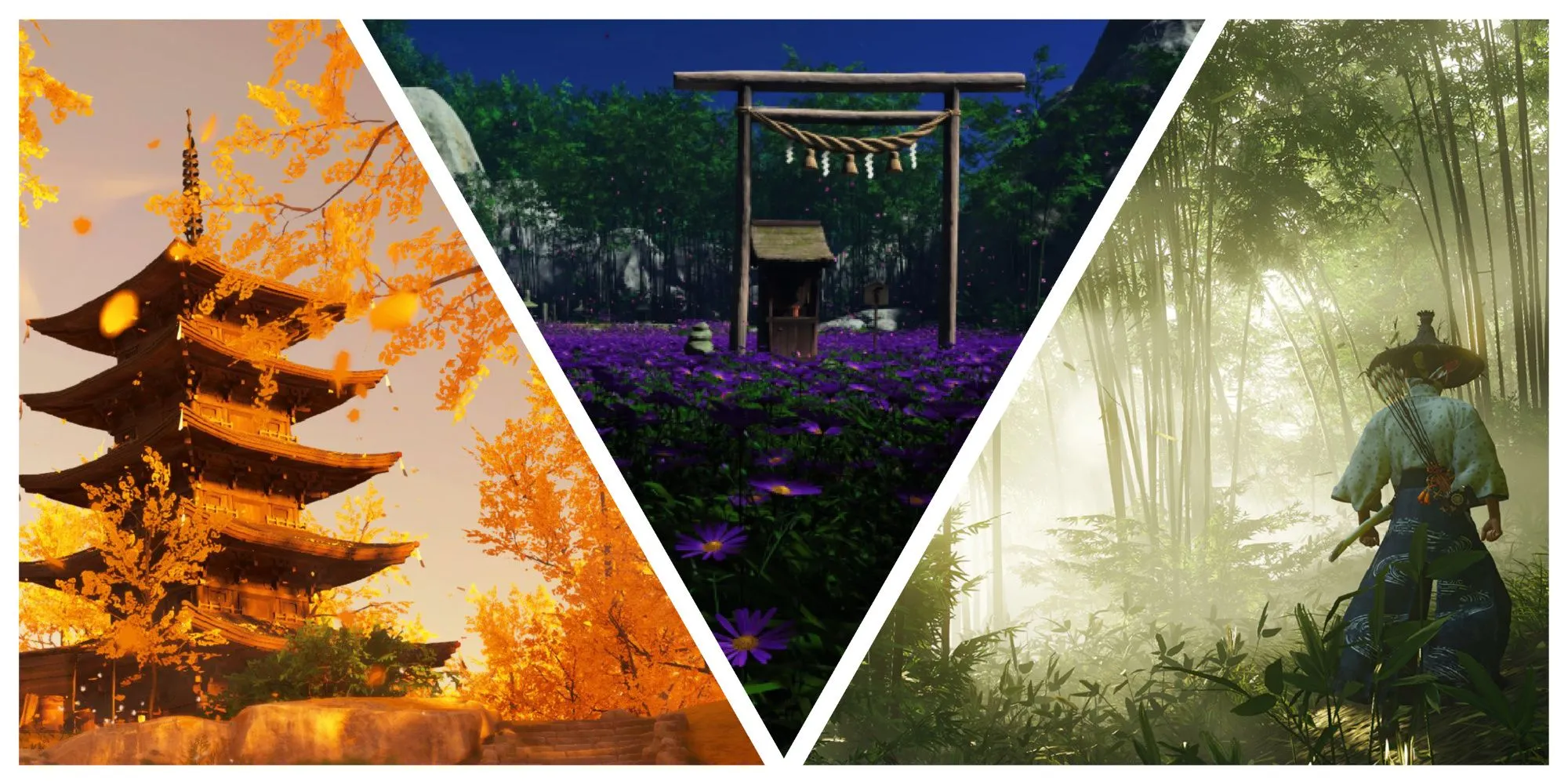 Các địa điểm đẹp trong Ghost of Tsushima gồm Đền Vàng và Rừng Tre Tadayori