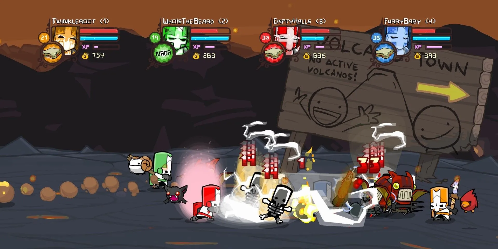 Các hiệp sĩ trong Castle Crashers Remastered đang chiến đấu với kẻ thù