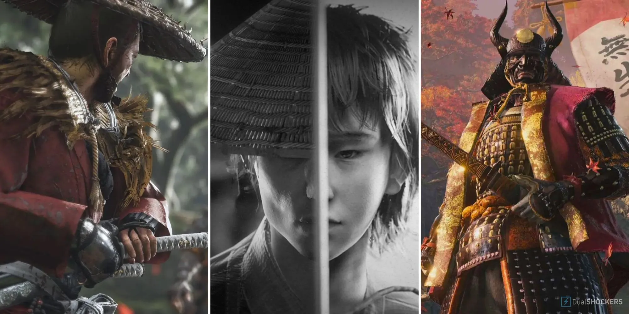 Các nhân vật chính từ Ghost of Tsushima, Trek to Yomi và Sekiro Shadows Die Twice trong bối cảnh Nhật Bản phong kiến