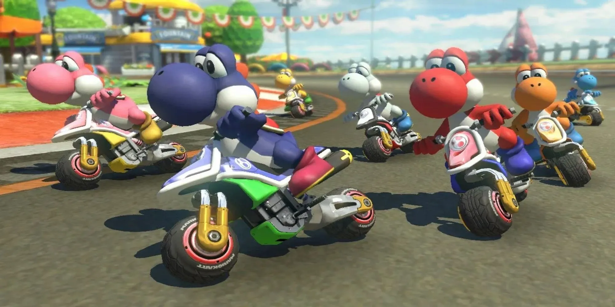 Các nhân vật Mario Kart 8 Deluxe đang tranh tài trên đường đua Cầu Vồng