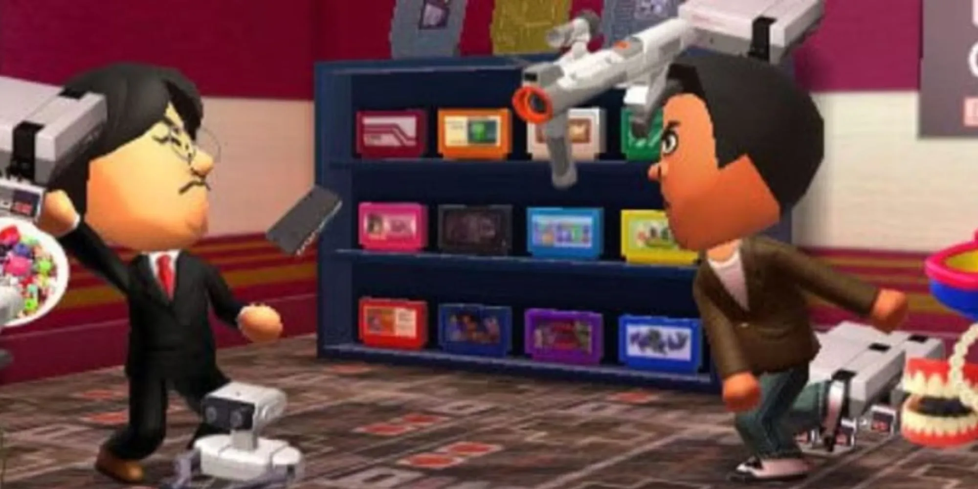Các nhân vật Mii đang tương tác trong căn hộ trên đảo trong Tomodachi Life