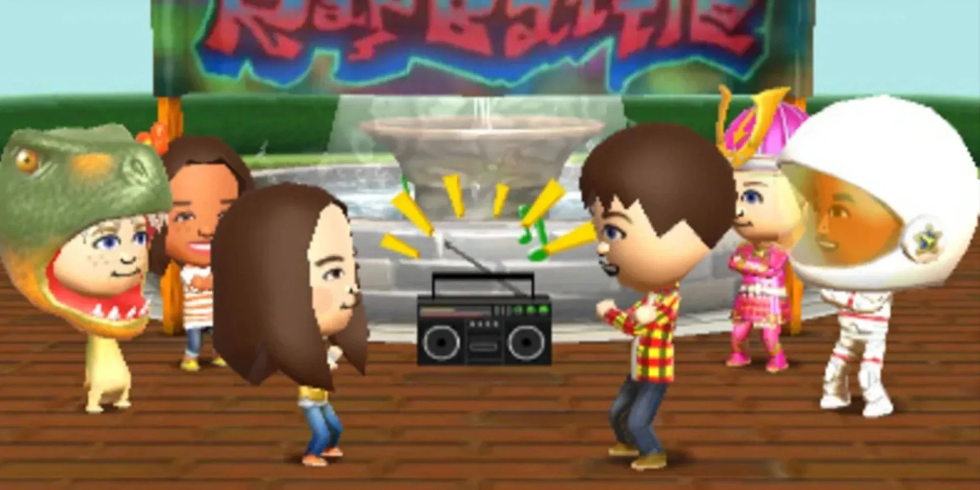 Các nhân vật Mii mặc trang phục đang nhảy múa bên cạnh một chiếc boombox trong game Tomodachi Life.