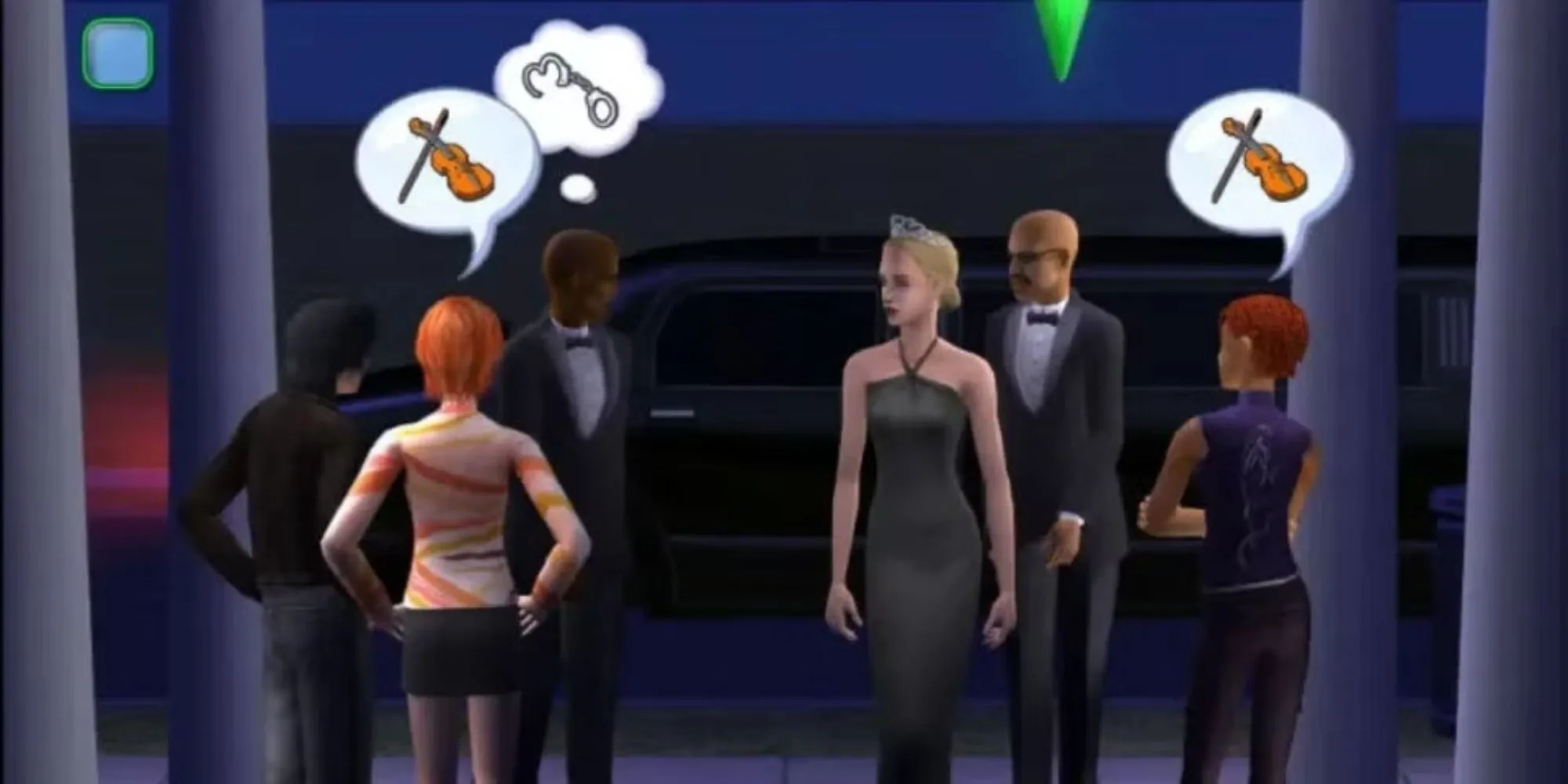 Các nhân vật Sim trao đổi lời thoại tại một sự kiện thảm đỏ trong game The Sims 2.